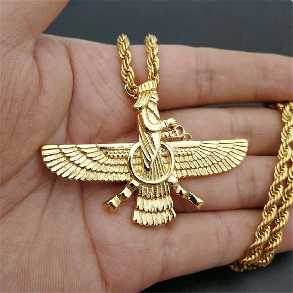 Gold Faravahar Zoroastrian Necklace – Ahura Mazda Pendant for Men & Women | Punk Style Stainless Steel Jewelry