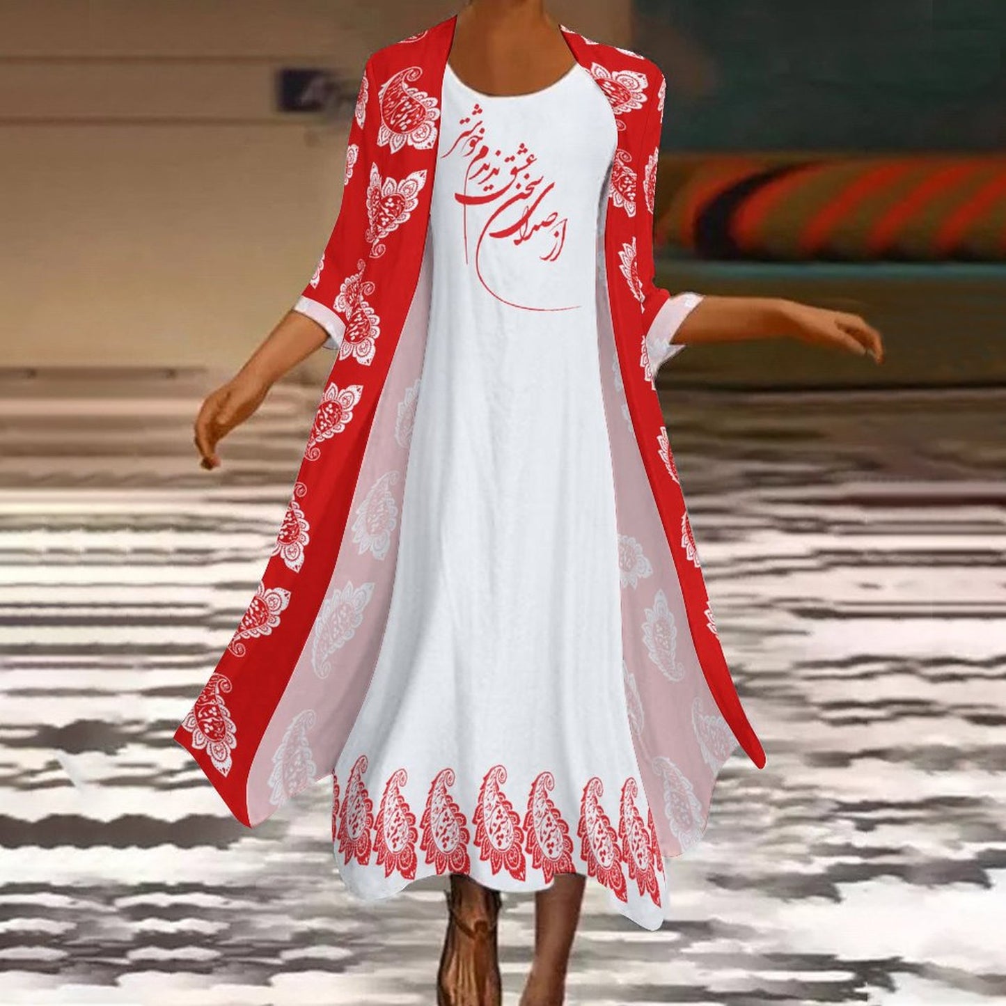 FARSI POETRY LONG DRESS SET WITH CARDIGAN – CLASSIC STYLE WITH PERSIAN CALLIGRAPHY DESIGN