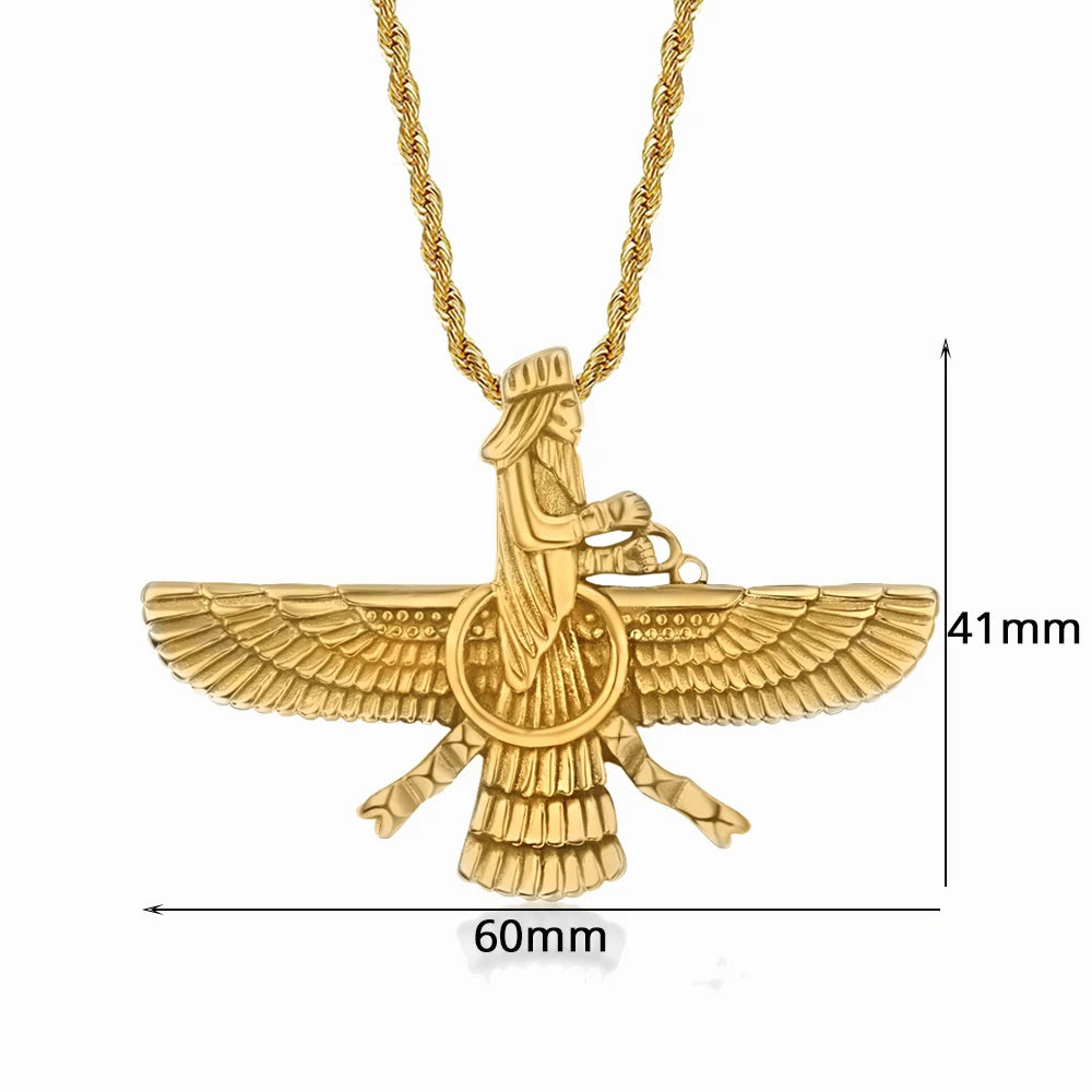 Gold Faravahar Zoroastrian Necklace – Ahura Mazda Pendant for Men & Women | Punk Style Stainless Steel Jewelry