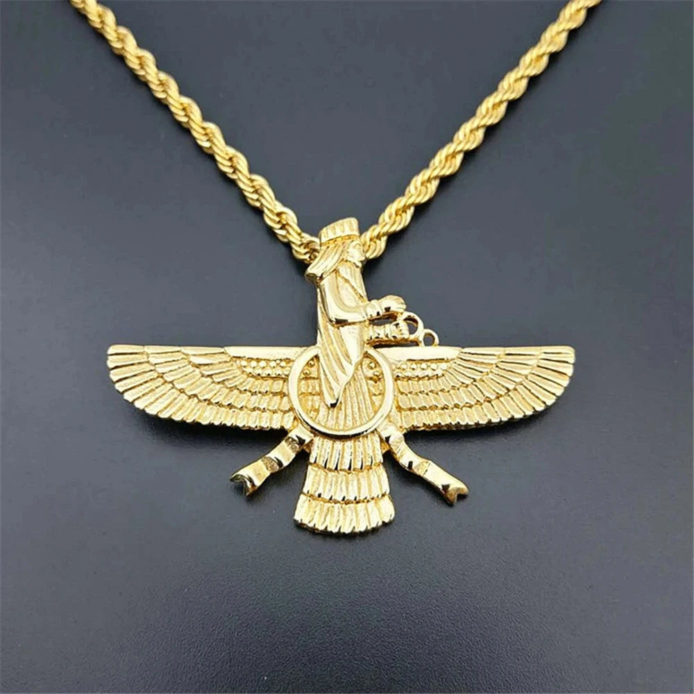 Gold Faravahar Zoroastrian Necklace – Ahura Mazda Pendant for Men & Women | Punk Style Stainless Steel Jewelry
