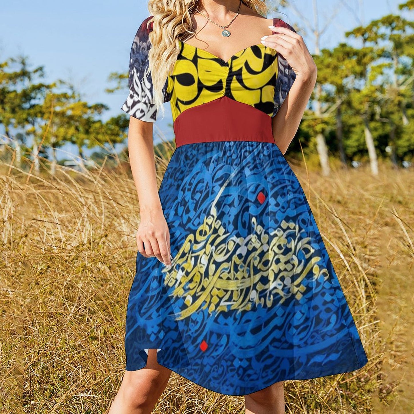 CLASSIC FIT PERSIAN POETRY DESIGN DRESS