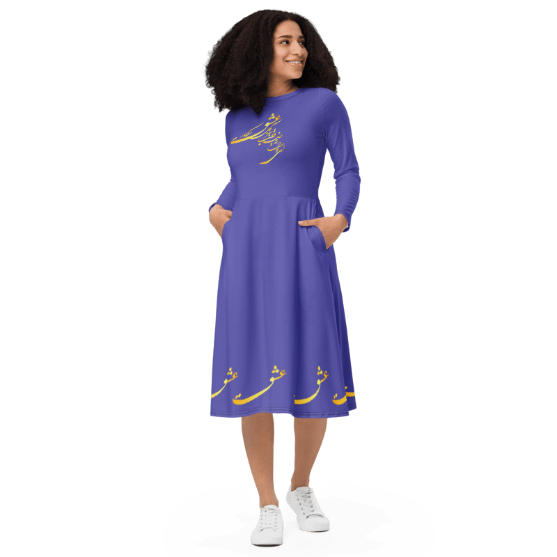 PERSIAN CALLIGRAPHY LONG SLEEVE MIDI DRESS