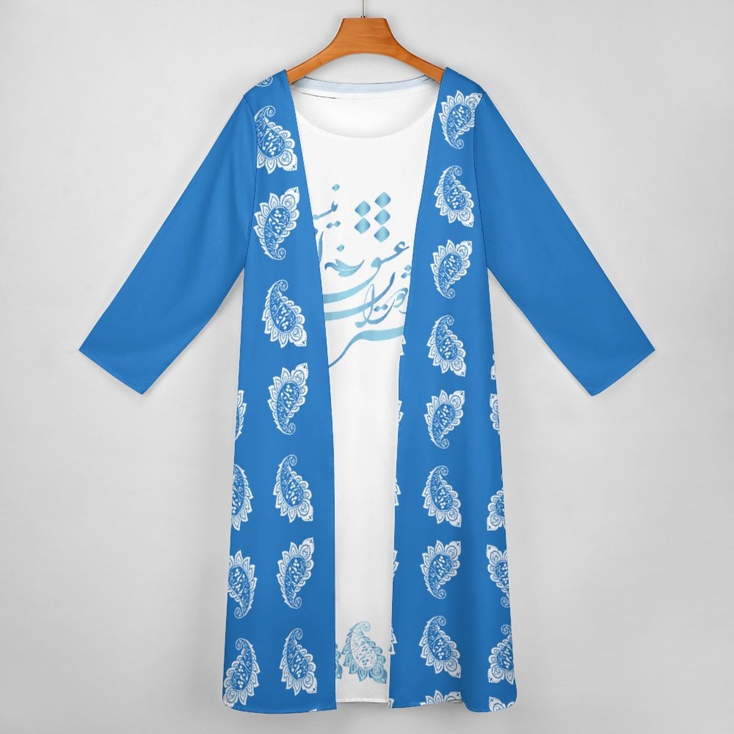 FARSI POETRY LONG DRESS SET WITH CARDIGAN – CLASSIC STYLE WITH PERSIAN CALLIGRAPHY DESIGN