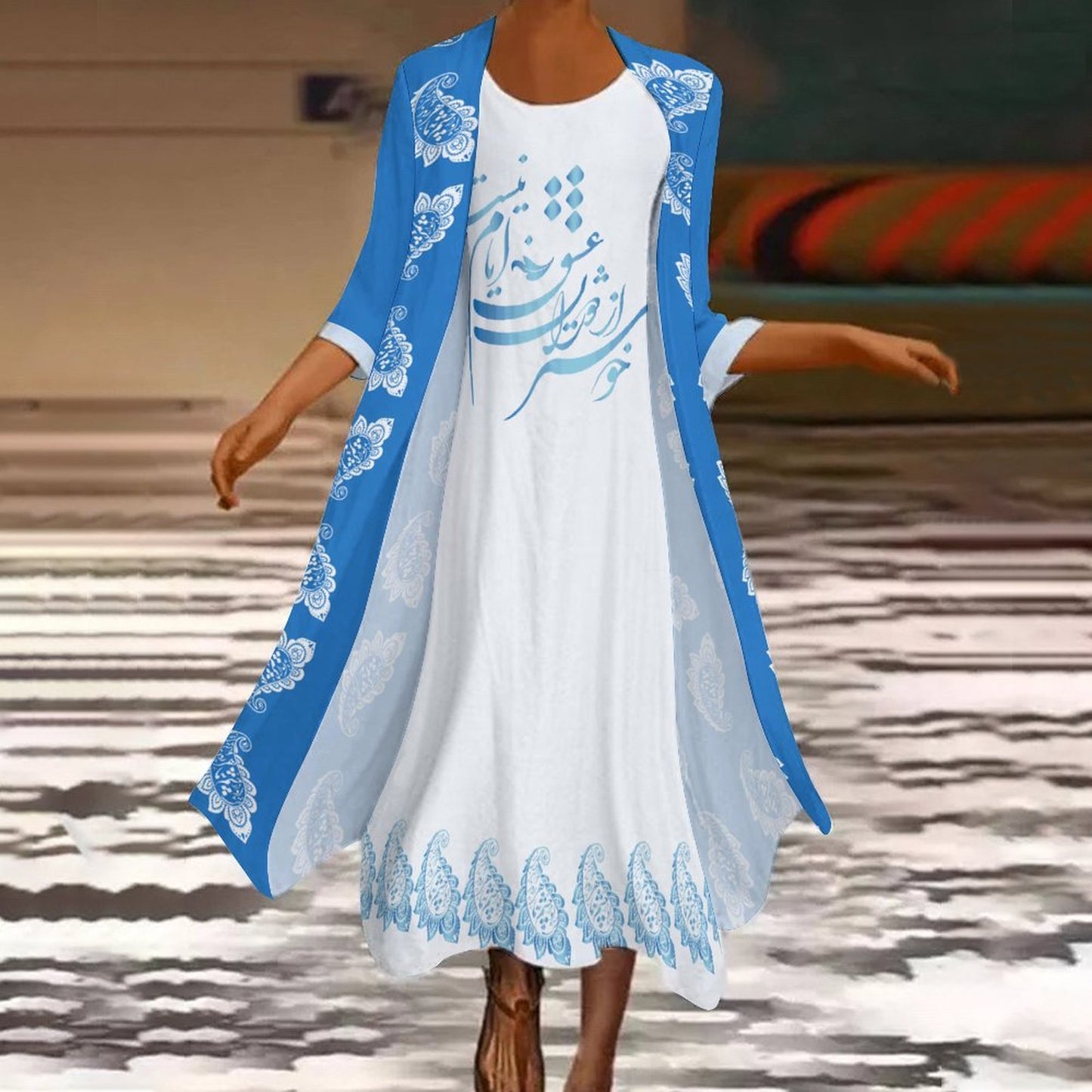 FARSI POETRY LONG DRESS SET WITH CARDIGAN – CLASSIC STYLE WITH PERSIAN CALLIGRAPHY DESIGN
