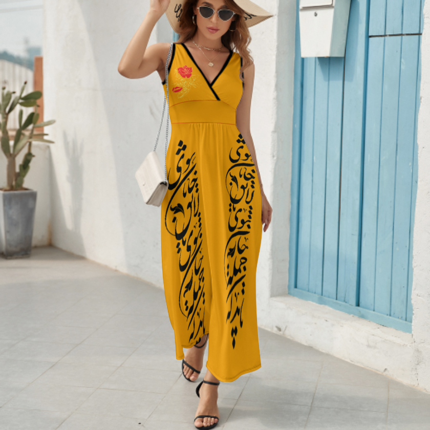 PERSIAN POATRY V NECK SLEEVELESS DRESS