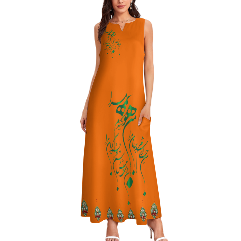 RUMI PERSIAN CALLIGRAPHY SLEEVELESS ANKLE-LENGTH DRESS من هو کشیدم هو مرا