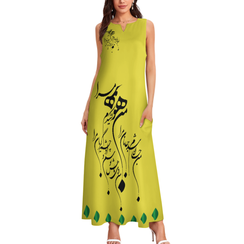 RUMI PERSIAN CALLIGRAPHY SLEEVELESS ANKLE-LENGTH DRESS من هو کشیدم هو مرا