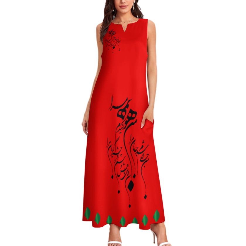 RUMI PERSIAN CALLIGRAPHY SLEEVELESS ANKLE-LENGTH DRESS من هو کشیدم هو مرا
