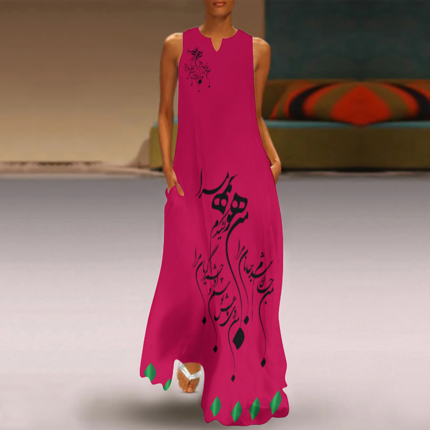 RUMI PERSIAN CALLIGRAPHY SLEEVELESS ANKLE-LENGTH DRESS من هو کشیدم هو مرا