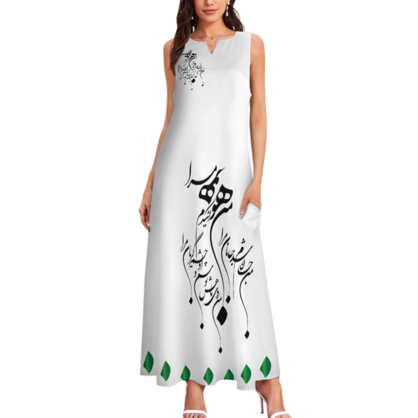 RUMI PERSIAN CALLIGRAPHY SLEEVELESS ANKLE-LENGTH DRESS من هو کشیدم هو مرا
