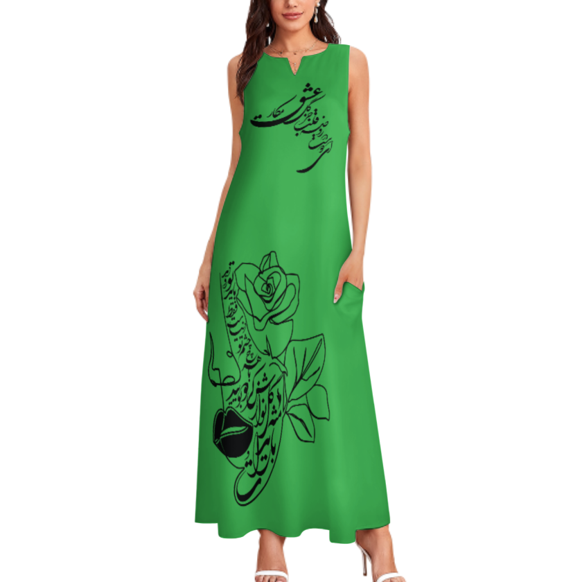 RUMI PERSIAN CALLIGRAPHY SLEEVELESS ANKLE-LENGTH DRESS من هو کشیدم هو مرا
