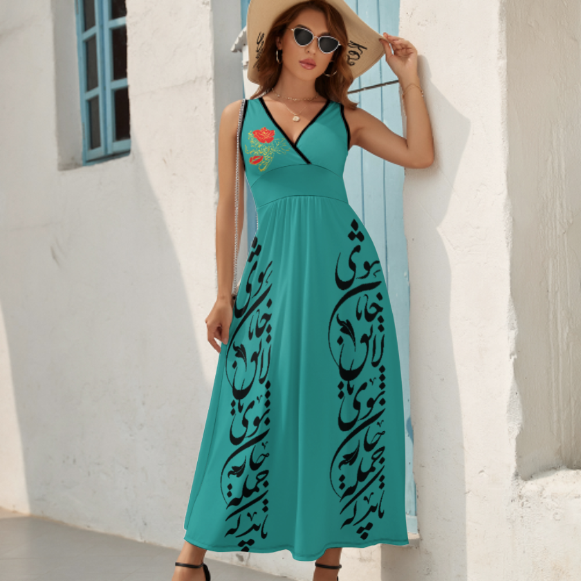 PERSIAN POATRY V NECK SLEEVELESS DRESS