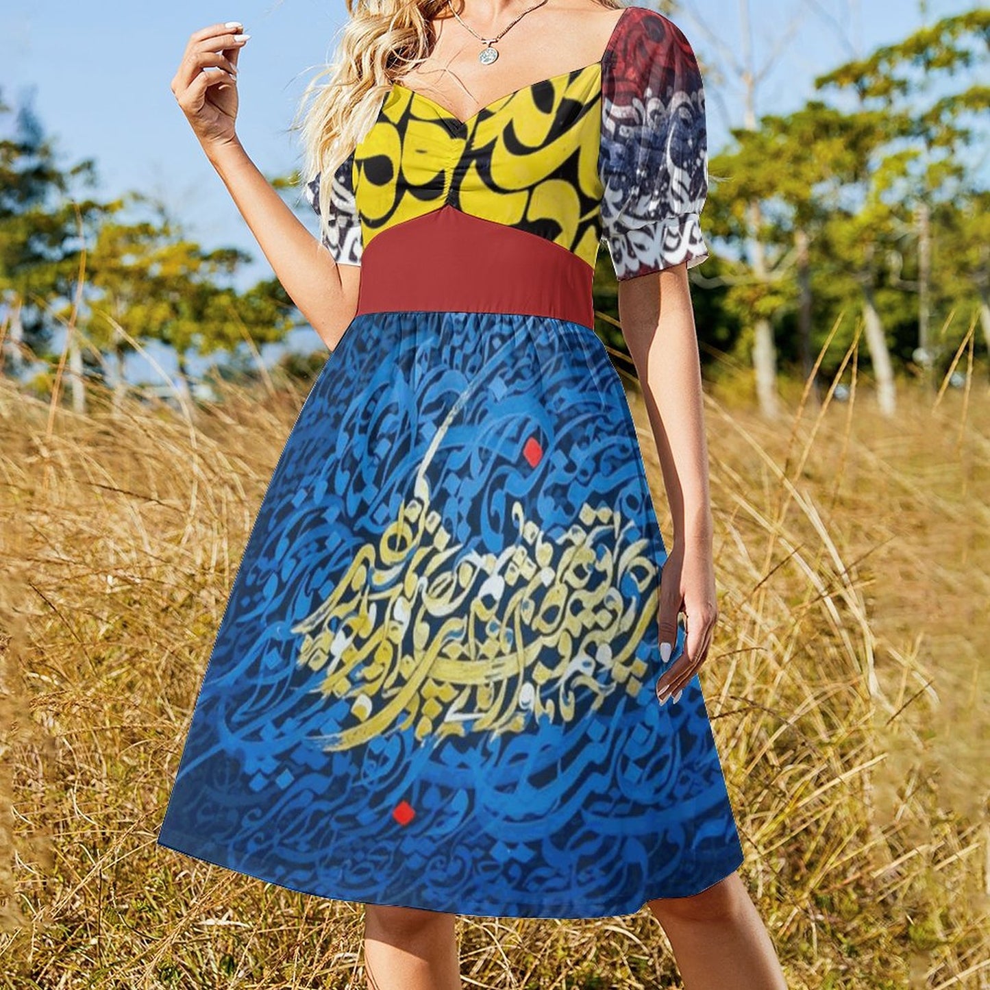 CLASSIC FIT PERSIAN POETRY DESIGN DRESS