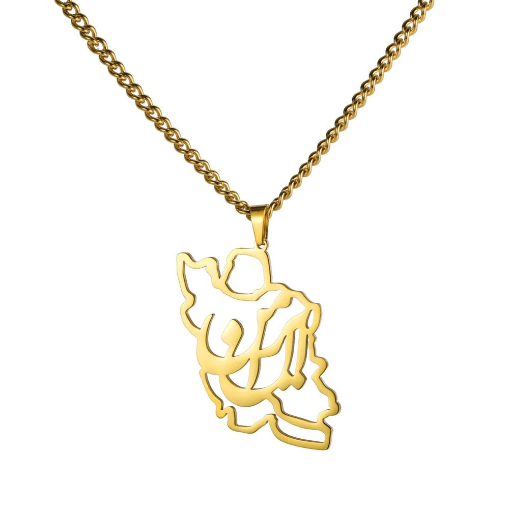 IRAN MAP PENDANT NECKLACE – "ایران من" WITH PEACE DOVE & OLIVE BRANCH