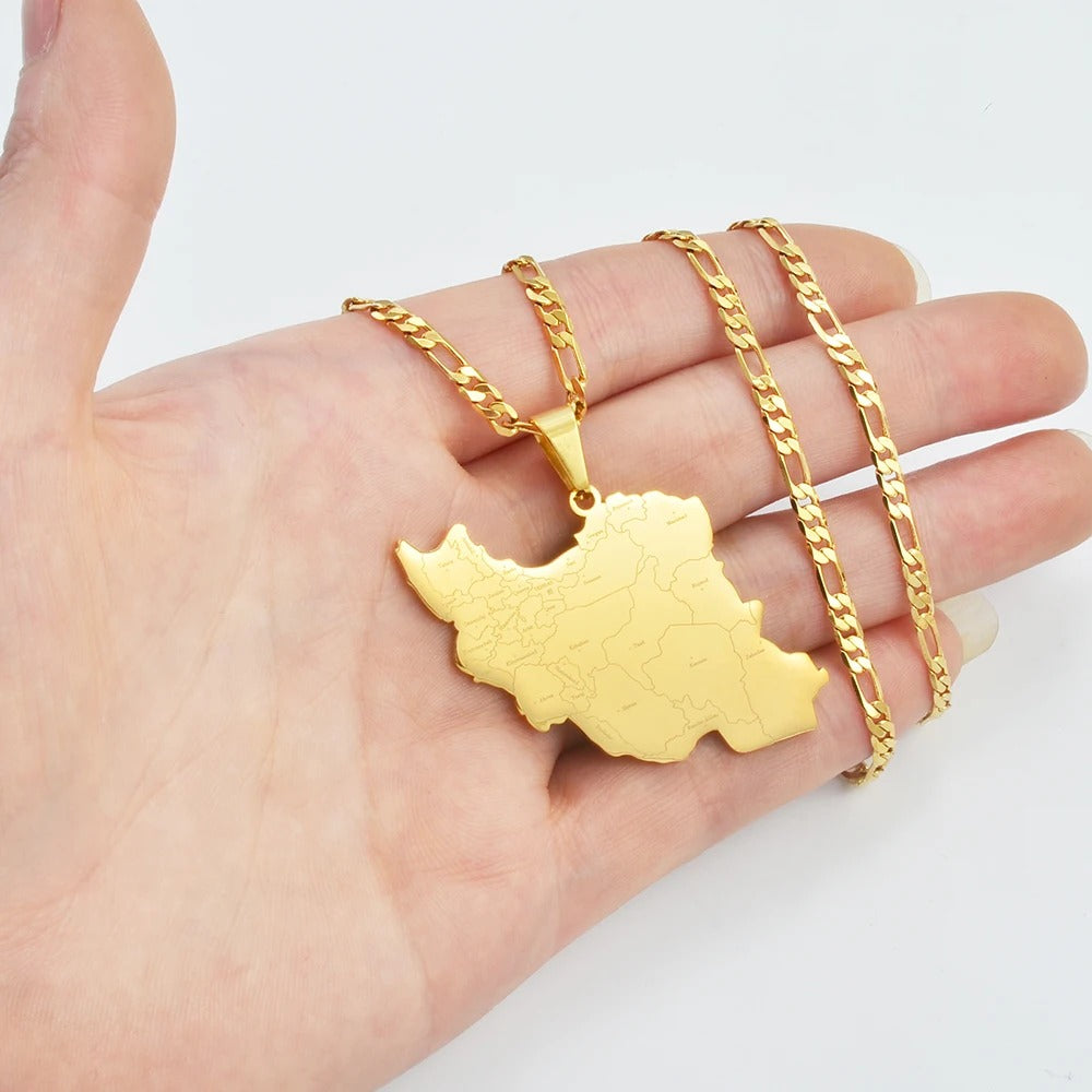 Iran Map Pendant Necklace With City Names – Unisex Stainless Steel Iranian Jewelry | گردنبند نقشه ایران با نام شهرها