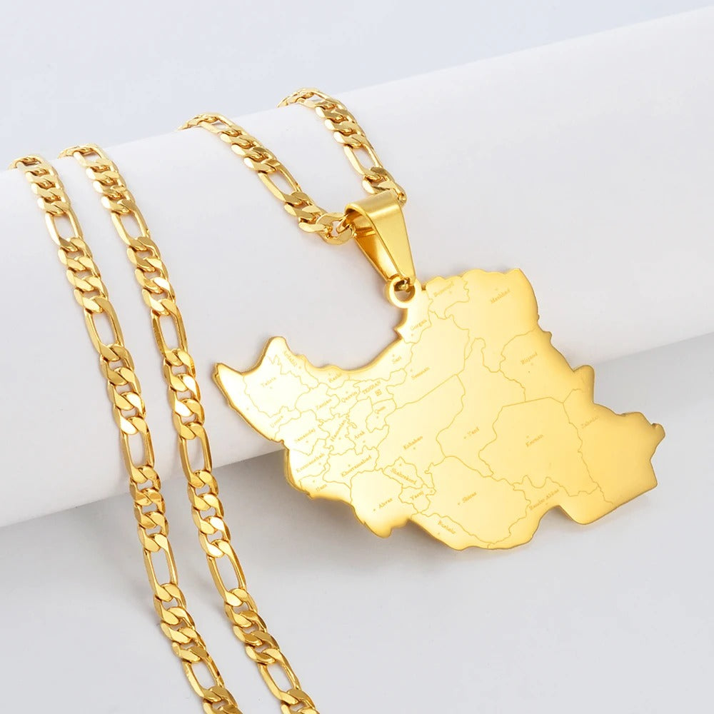 Iran Map Pendant Necklace With City Names – Unisex Stainless Steel Iranian Jewelry | گردنبند نقشه ایران با نام شهرها
