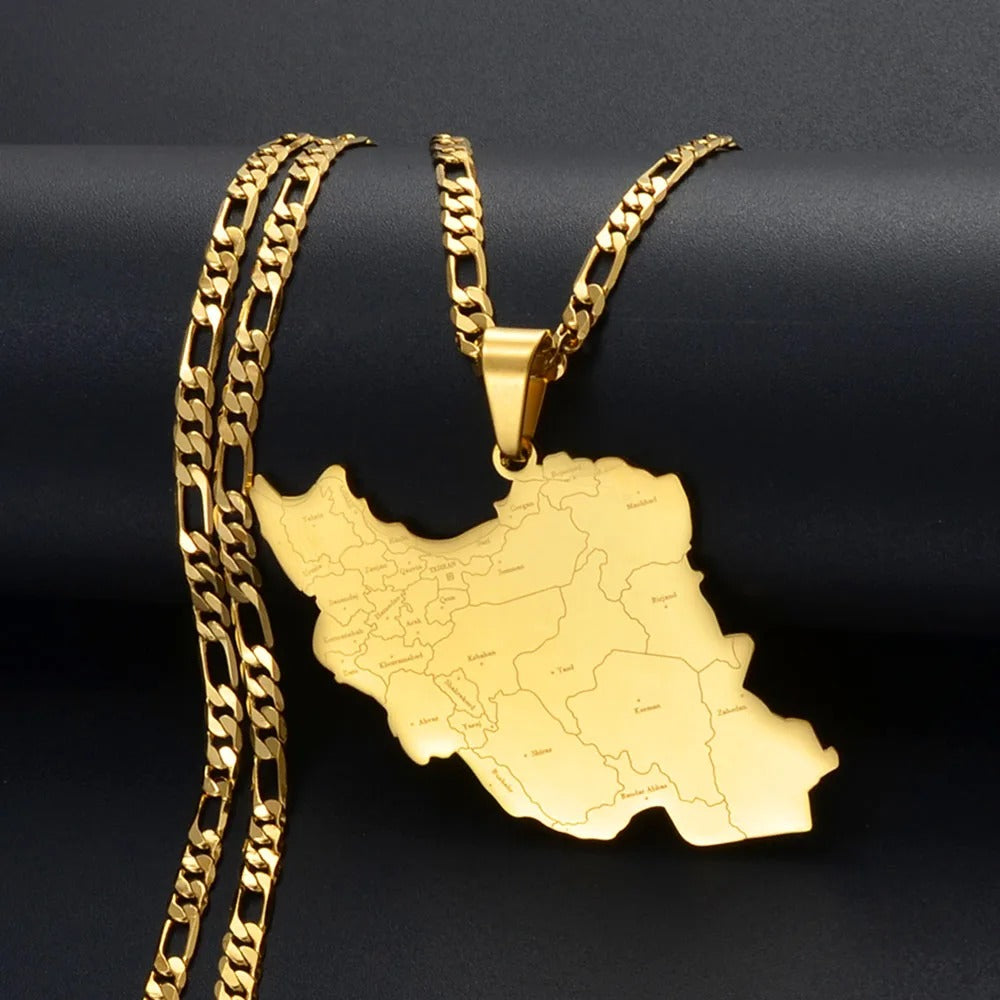 Iran Map Pendant Necklace With City Names – Unisex Stainless Steel Iranian Jewelry | گردنبند نقشه ایران با نام شهرها