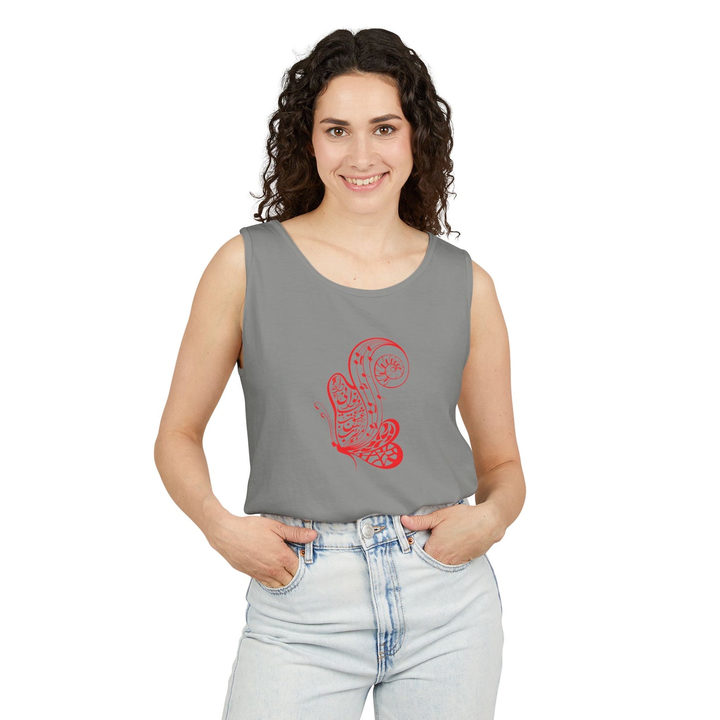 Women's Garment-Dyed Tank Top with Persion Calligraphy, Poam and Painting