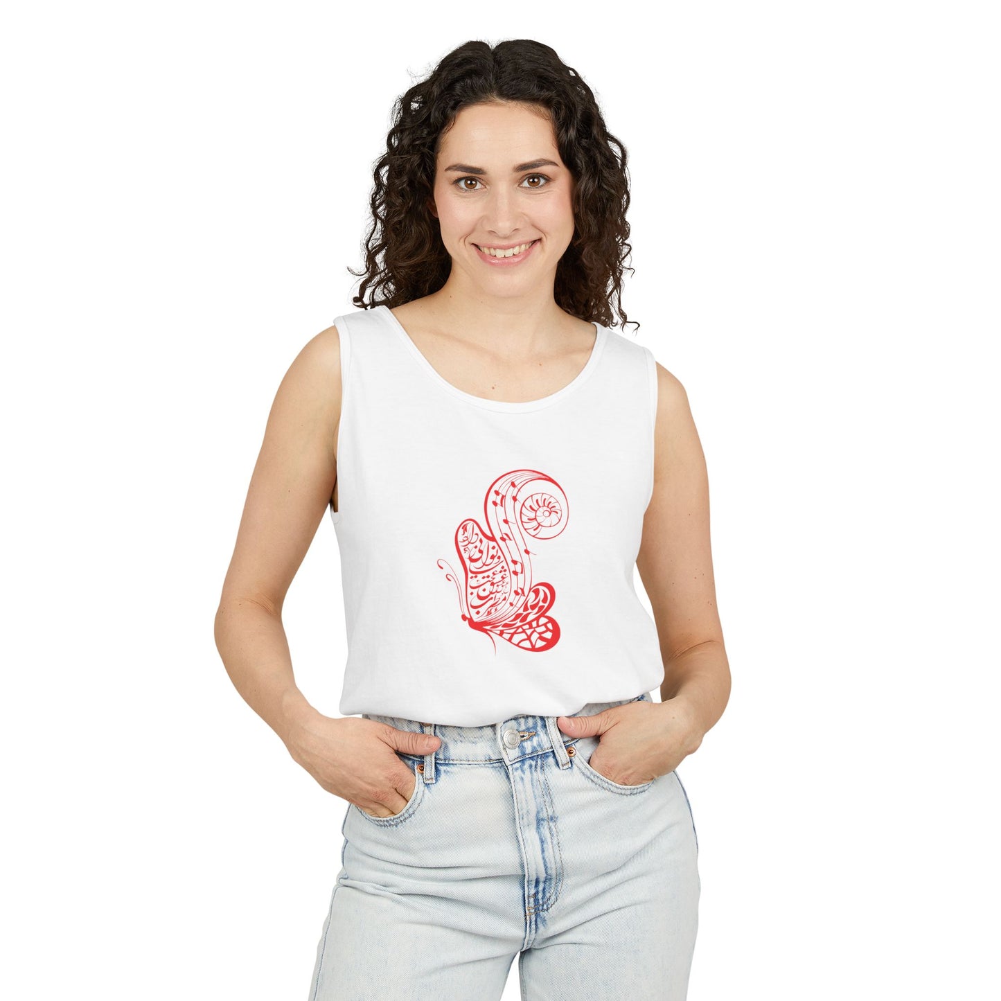 Women's Garment-Dyed Tank Top with Persion Calligraphy, Poam and Painting