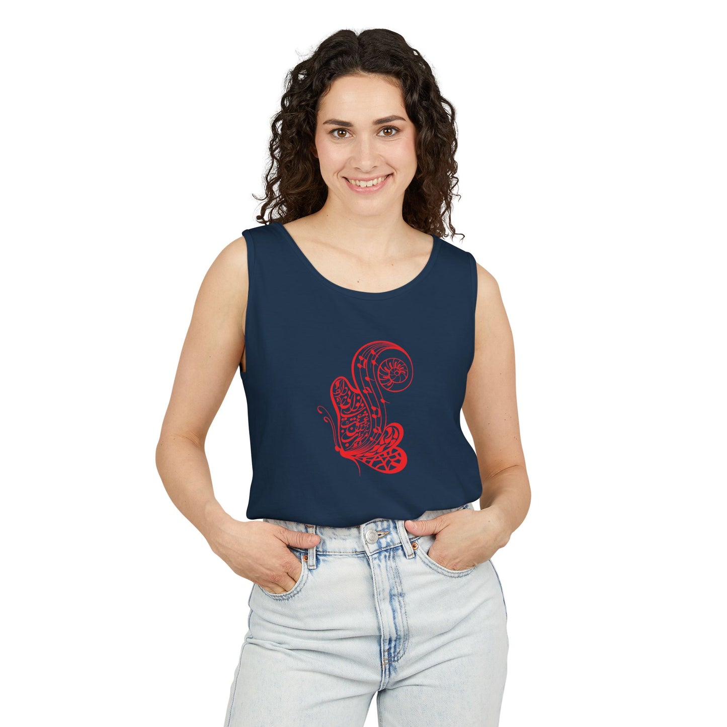 Women's Garment-Dyed Tank Top with Persion Calligraphy, Poam and Painting