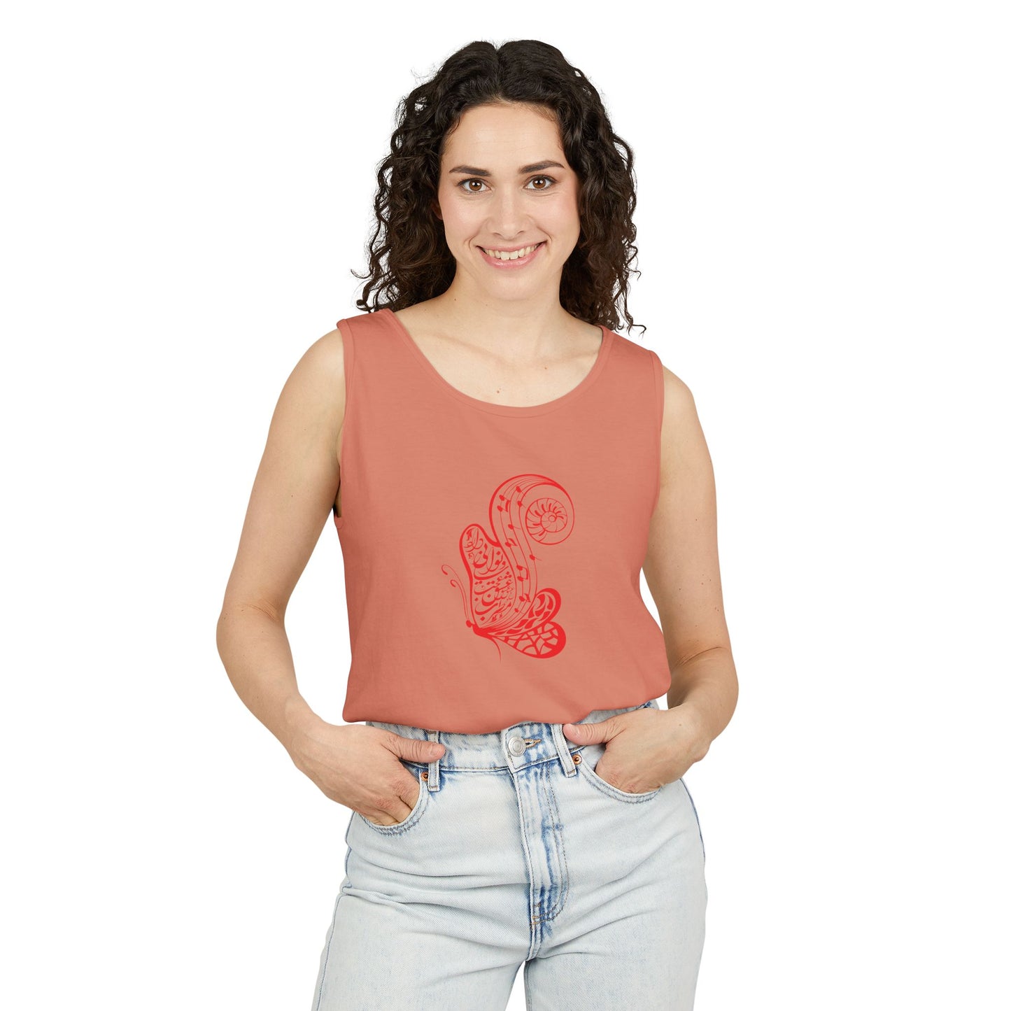 Women's Garment-Dyed Tank Top with Persion Calligraphy, Poam and Painting