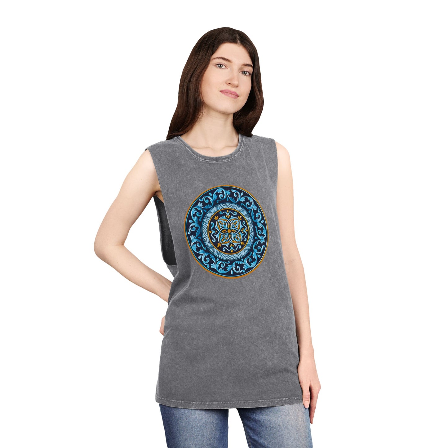 Unisex Stonewash Tank Top with Persion Tazhib