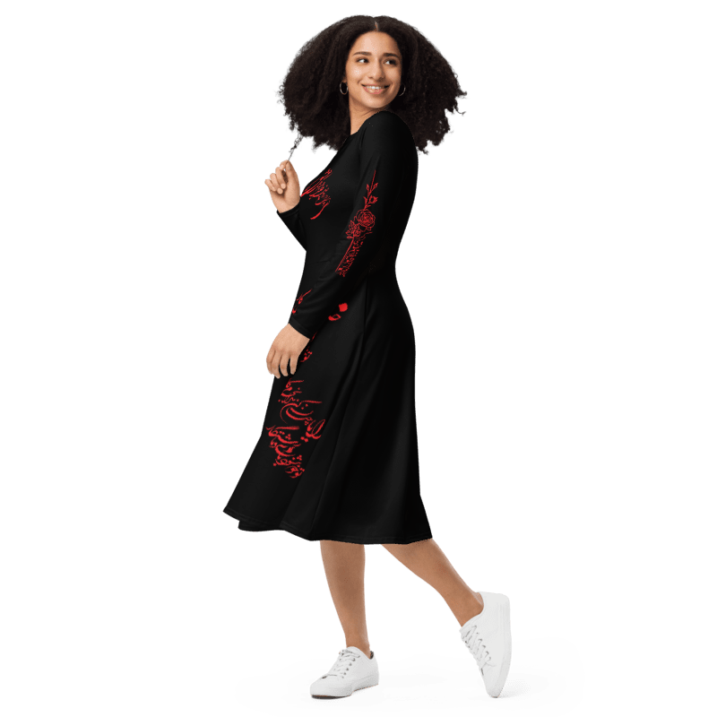 Long Sleeve Midi Dress With Persion Poam & Calligraphy