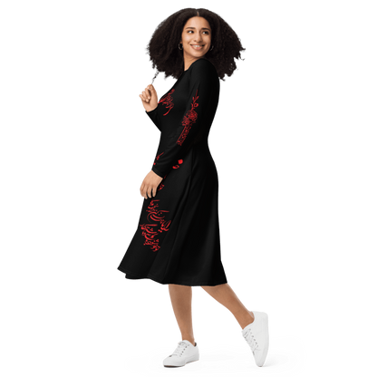 Long Sleeve Midi Dress With Persion Poam & Calligraphy