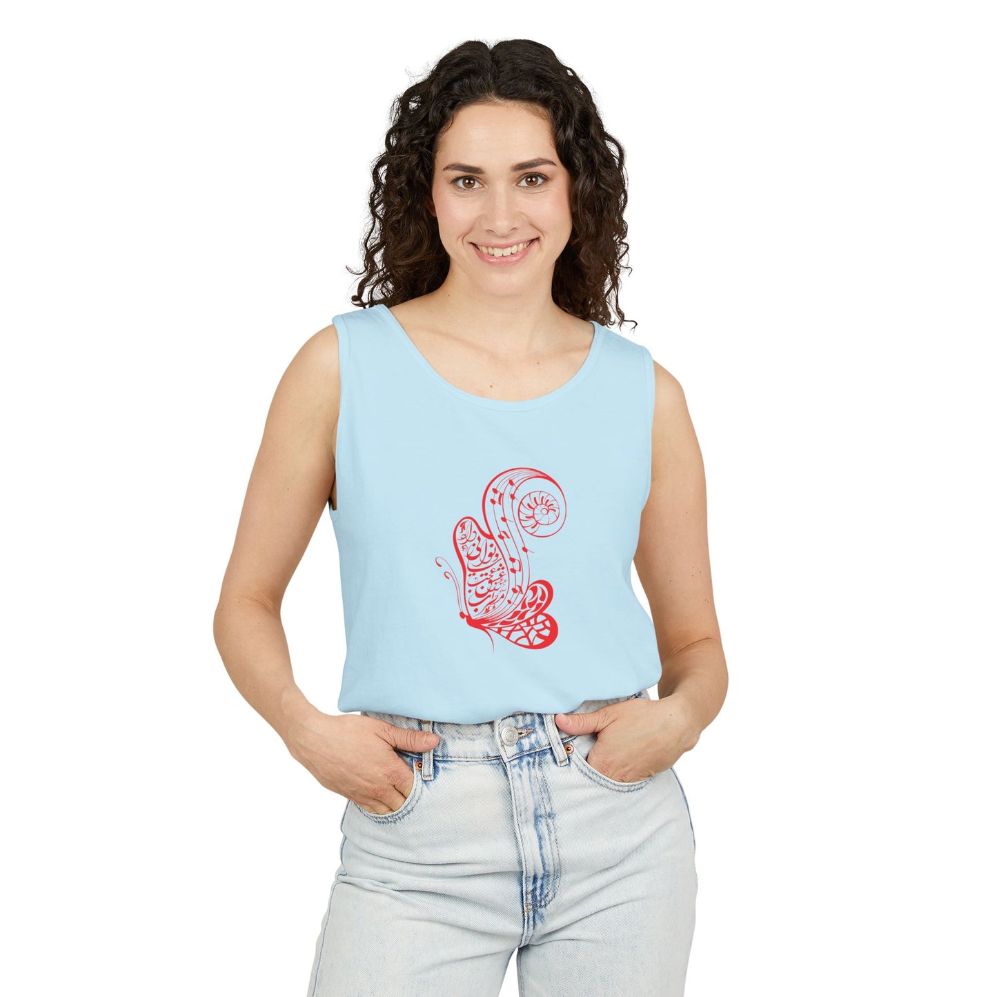 Women's Garment-Dyed Tank Top with Persion Calligraphy, Poam and Painting