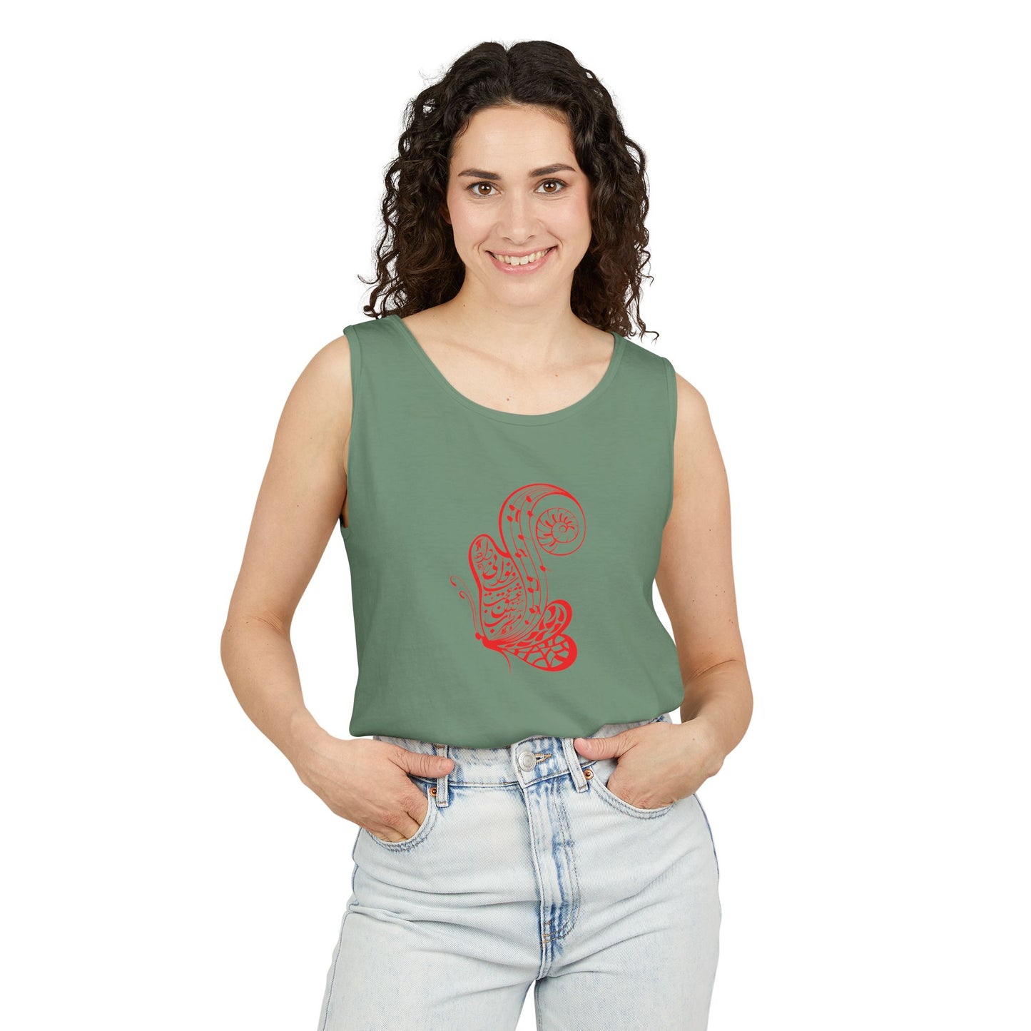 Women's Garment-Dyed Tank Top with Persion Calligraphy, Poam and Painting