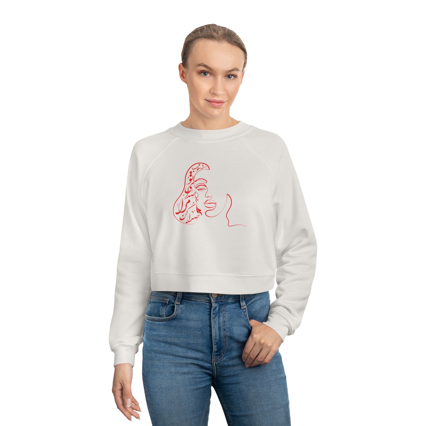 Women's Cropped Fleece Pullover with Persion Poam & Calligraphy