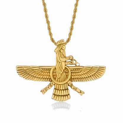 Gold Faravahar Zoroastrian Necklace – Ahura Mazda Pendant for Men & Women | Punk Style Stainless Steel Jewelry