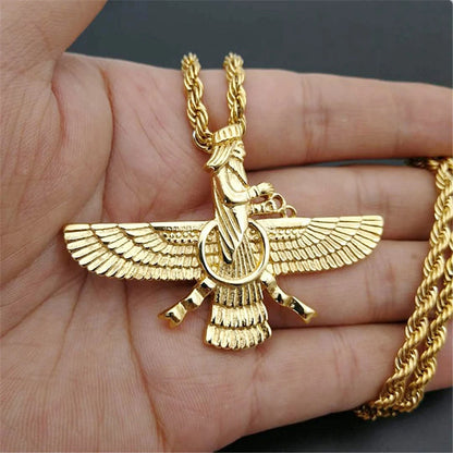 Gold Faravahar Zoroastrian Necklace – Ahura Mazda Pendant for Men & Women | Punk Style Stainless Steel Jewelry