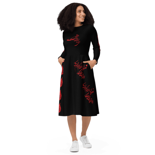 Long Sleeve Midi Dress With Persion Poam & Calligraphy