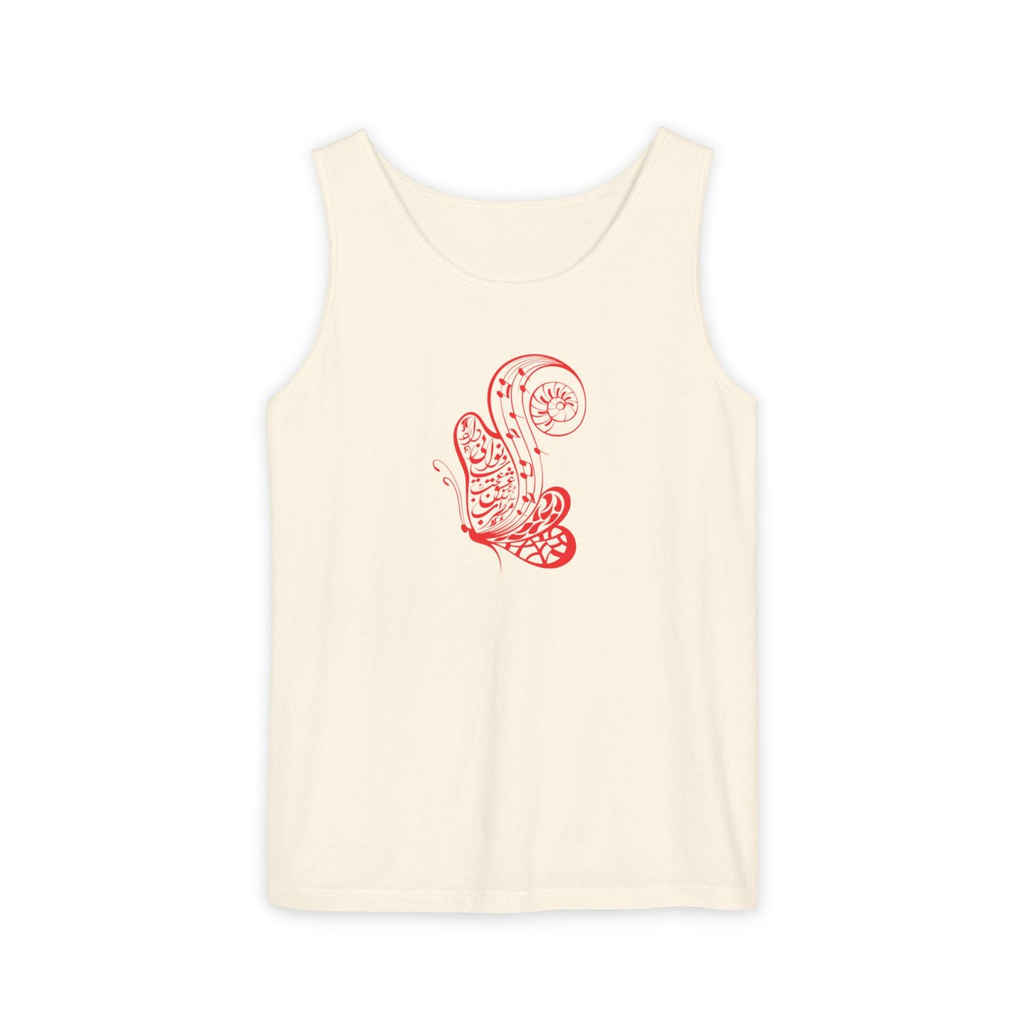 Women's Garment-Dyed Tank Top with Persion Calligraphy, Poam and Painting