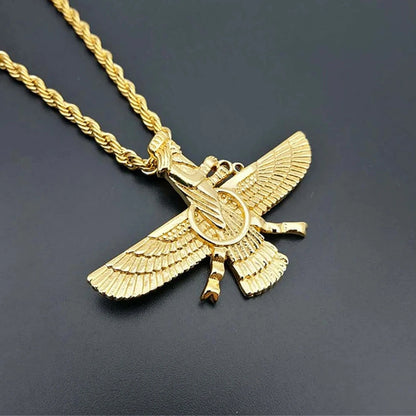 Gold Faravahar Zoroastrian Necklace – Ahura Mazda Pendant for Men & Women | Punk Style Stainless Steel Jewelry