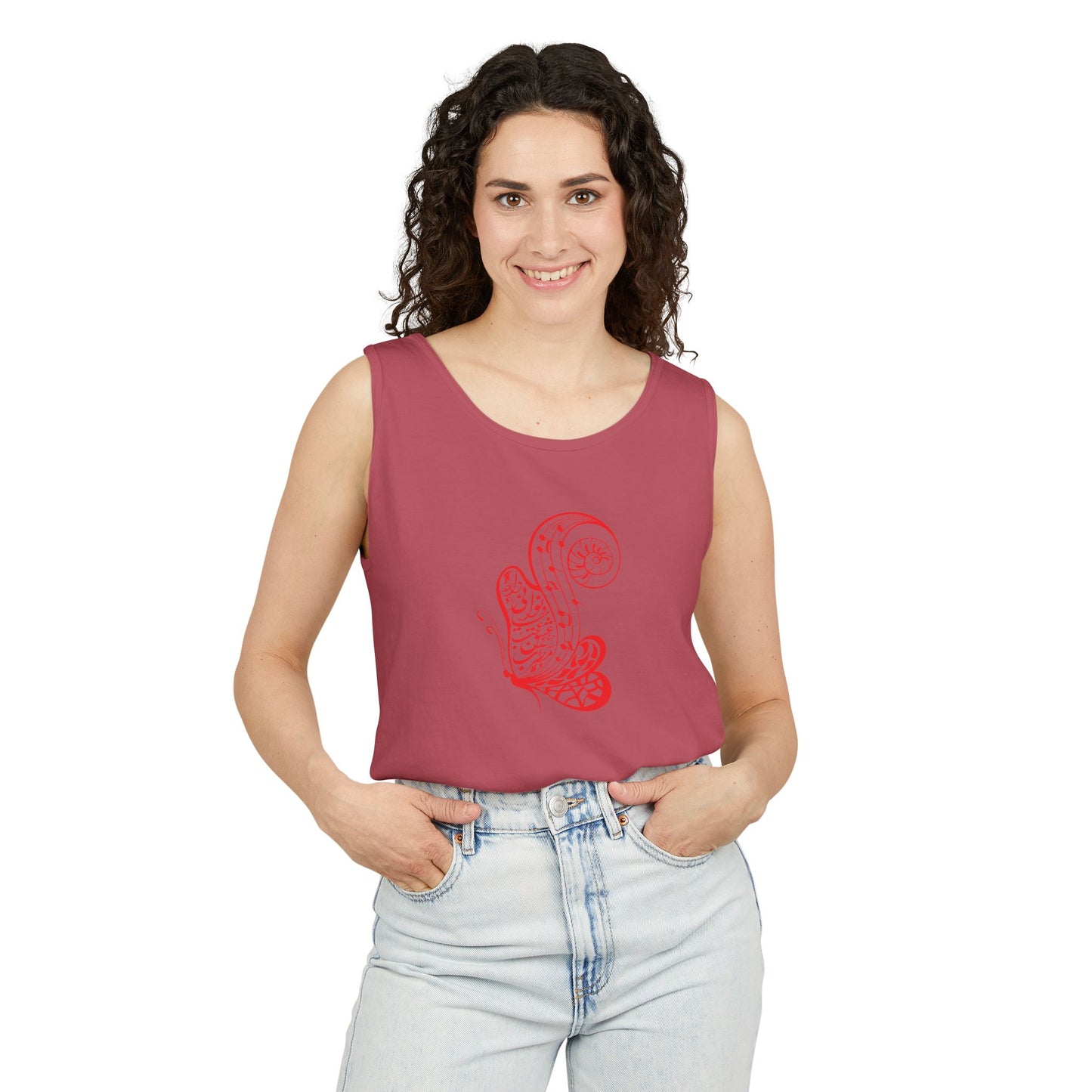 Women's Garment-Dyed Tank Top with Persion Calligraphy, Poam and Painting