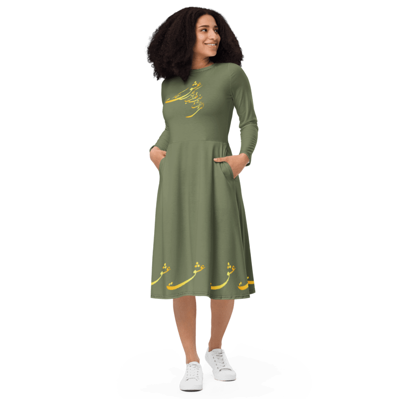 PERSIAN CALLIGRAPHY LONG SLEEVE MIDI DRESS