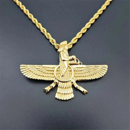 Gold Faravahar Zoroastrian Necklace – Ahura Mazda Pendant for Men & Women | Punk Style Stainless Steel Jewelry