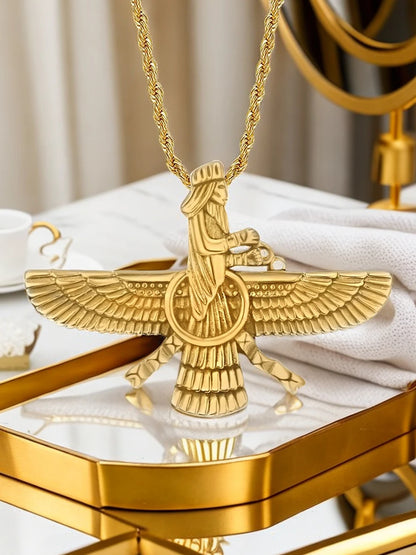 Gold Faravahar Zoroastrian Necklace – Ahura Mazda Pendant for Men & Women | Punk Style Stainless Steel Jewelry