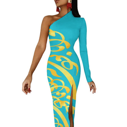 FARSI CALLIGRAPHY ONE SHOULDER SPLIT DRESS – BIQ