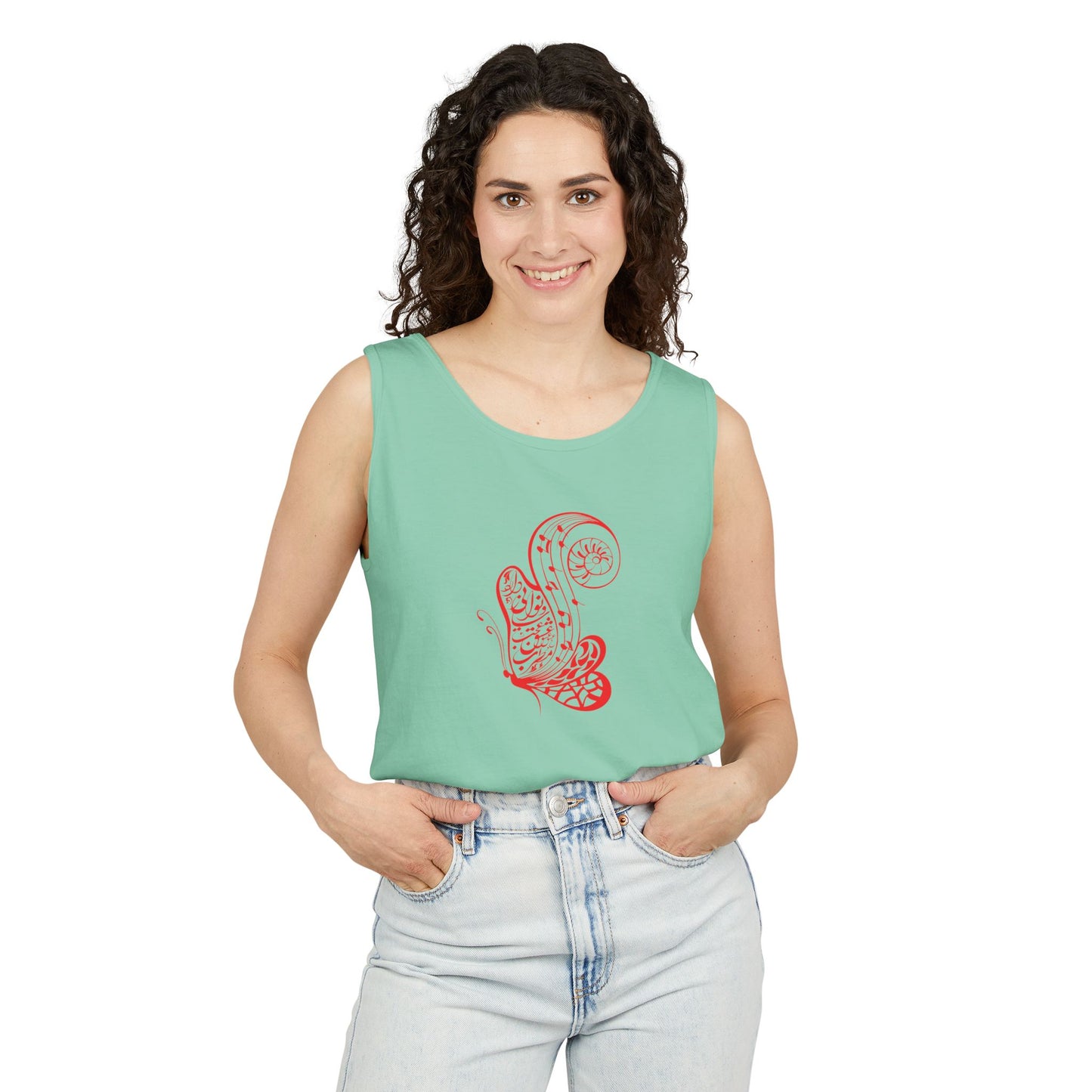 Women's Garment-Dyed Tank Top with Persion Calligraphy, Poam and Painting