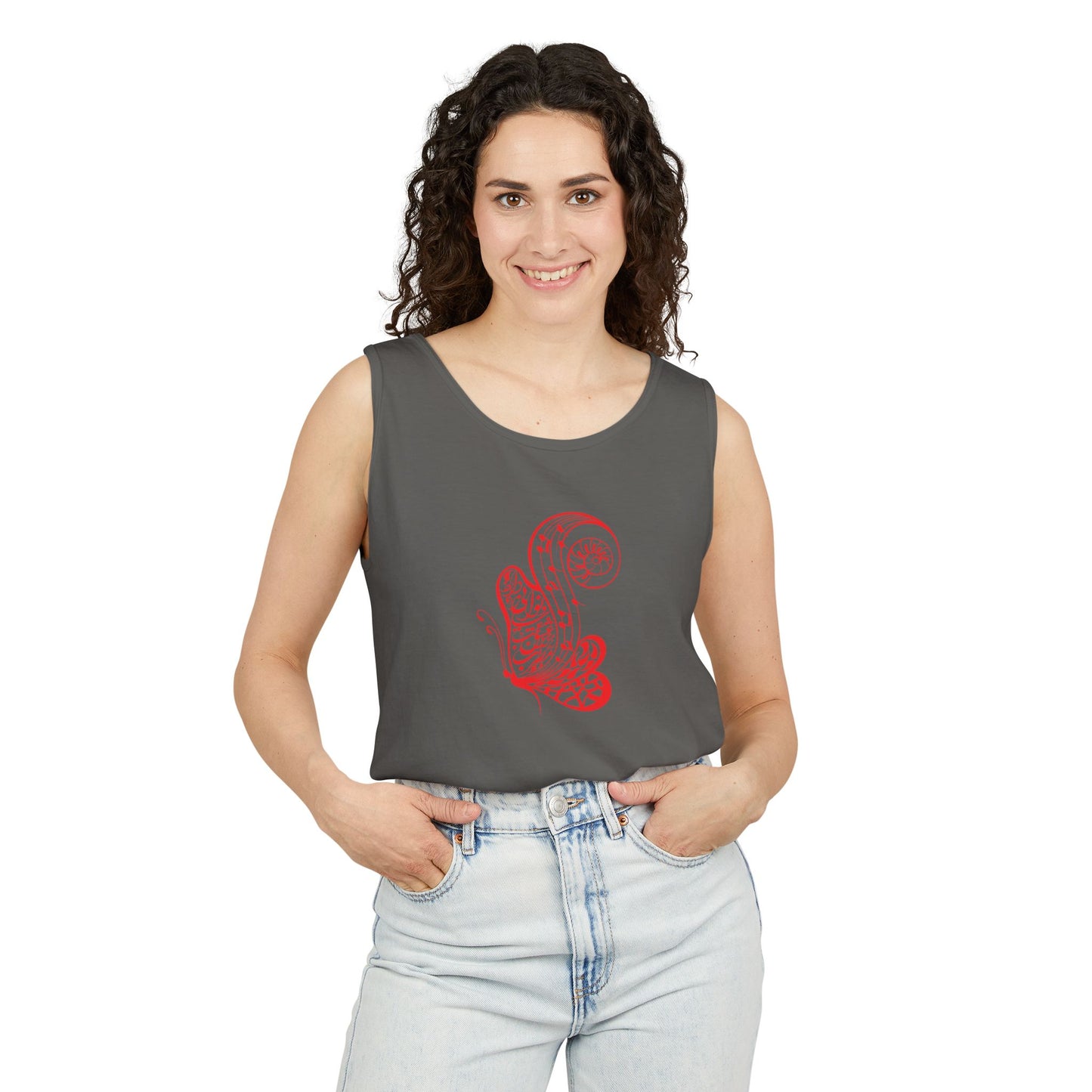 Women's Garment-Dyed Tank Top with Persion Calligraphy, Poam and Painting