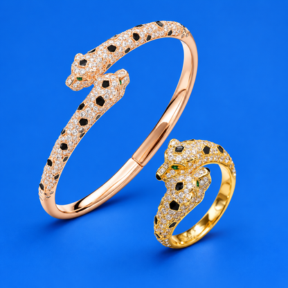 GOLD PLATED DOUBLE LEOPARD BRACELET & RING SET
