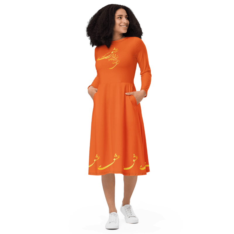 PERSIAN CALLIGRAPHY LONG SLEEVE MIDI DRESS