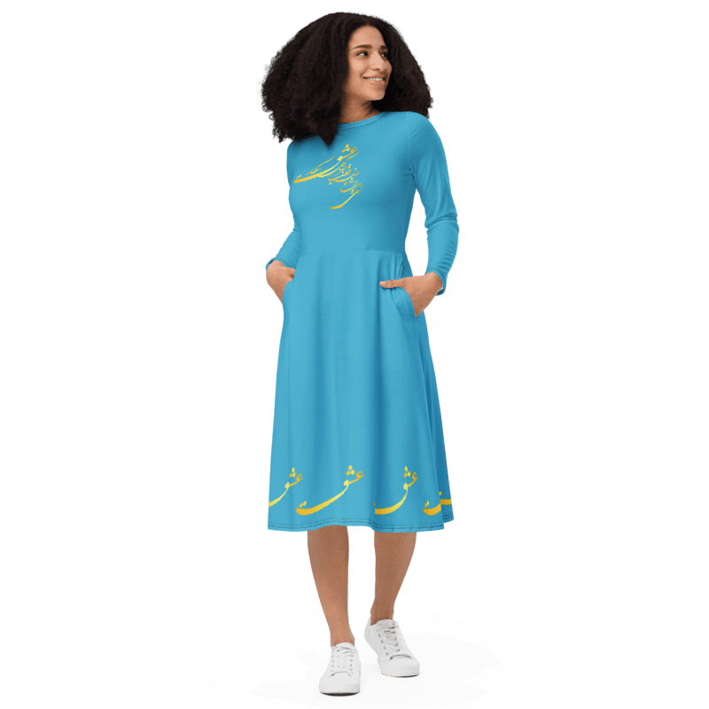 PERSIAN CALLIGRAPHY LONG SLEEVE MIDI DRESS
