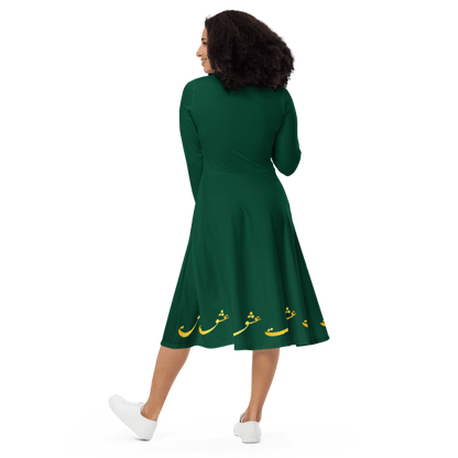 PERSIAN CALLIGRAPHY LONG SLEEVE MIDI DRESS
