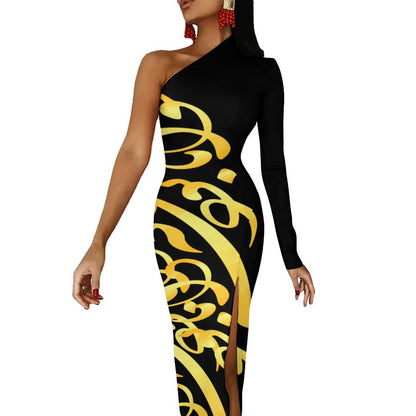 FARSI CALLIGRAPHY ONE SHOULDER SPLIT DRESS – BIQ