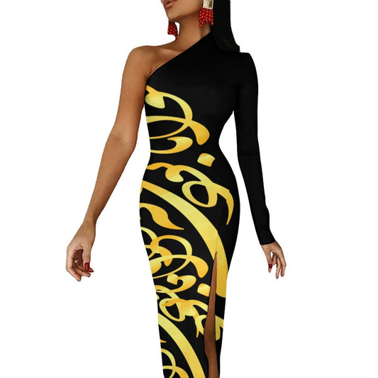 FARSI CALLIGRAPHY ONE SHOULDER SPLIT DRESS – BIQ