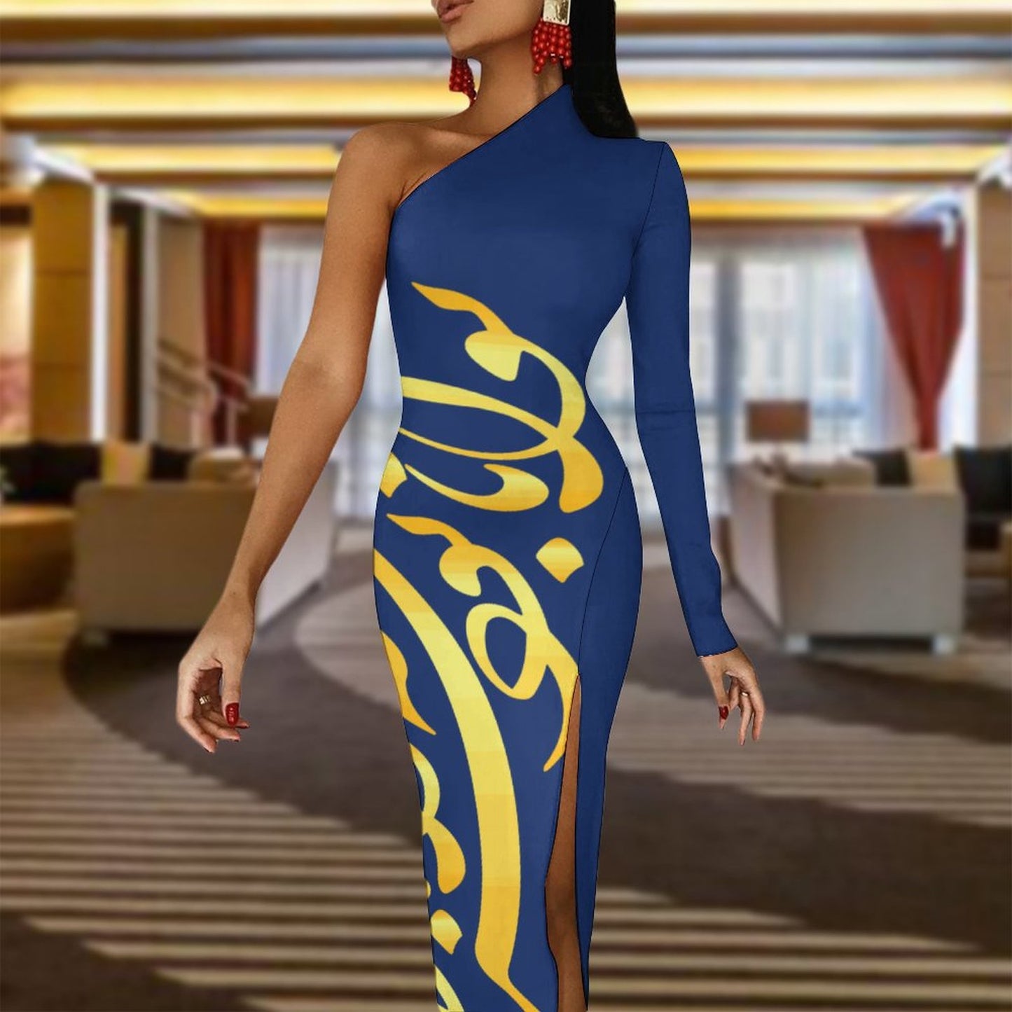 FARSI CALLIGRAPHY ONE SHOULDER SPLIT DRESS – BIQ